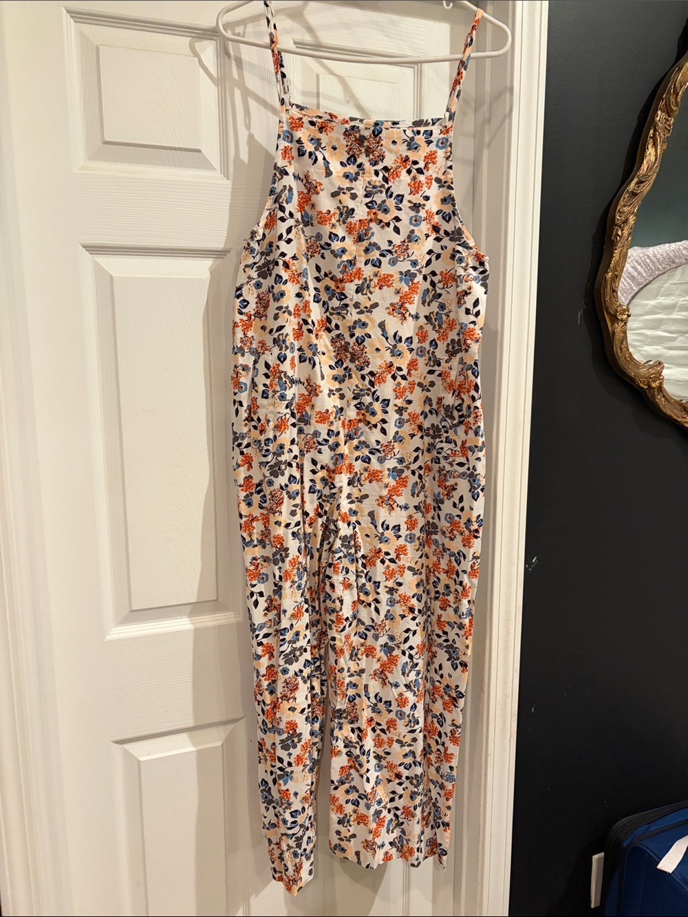 Floral Spaghetti-Strap Jumpsuit in Cream with Orange & Navy Print